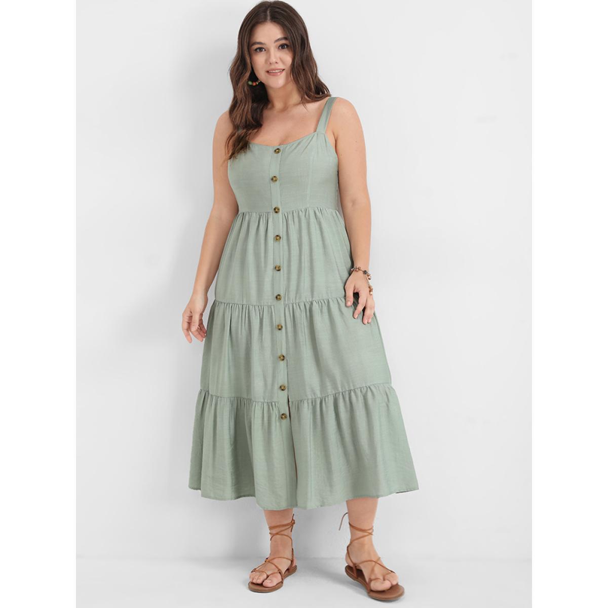 Plus Size Solid Ruffles Button Backless Shirred Tank Dress LightGreen Women Elegant Elastic Waist Spaghetti Strap Sleeveless Curvy Long Dress BloomChic 26/4X Product Image