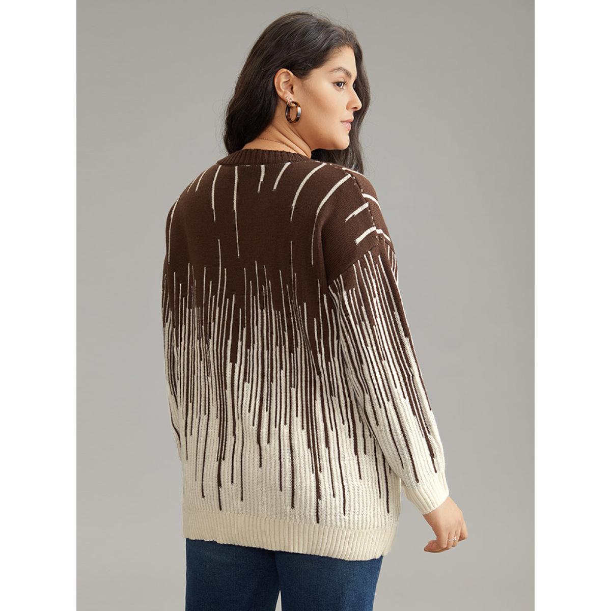 Plus Size Striped Ombre Textured Elastic Cuffs Pullover DarkBrown Women Casual Loose Long Sleeve Round Neck Everyday Pullovers BloomChic 14-16/1X Product Image