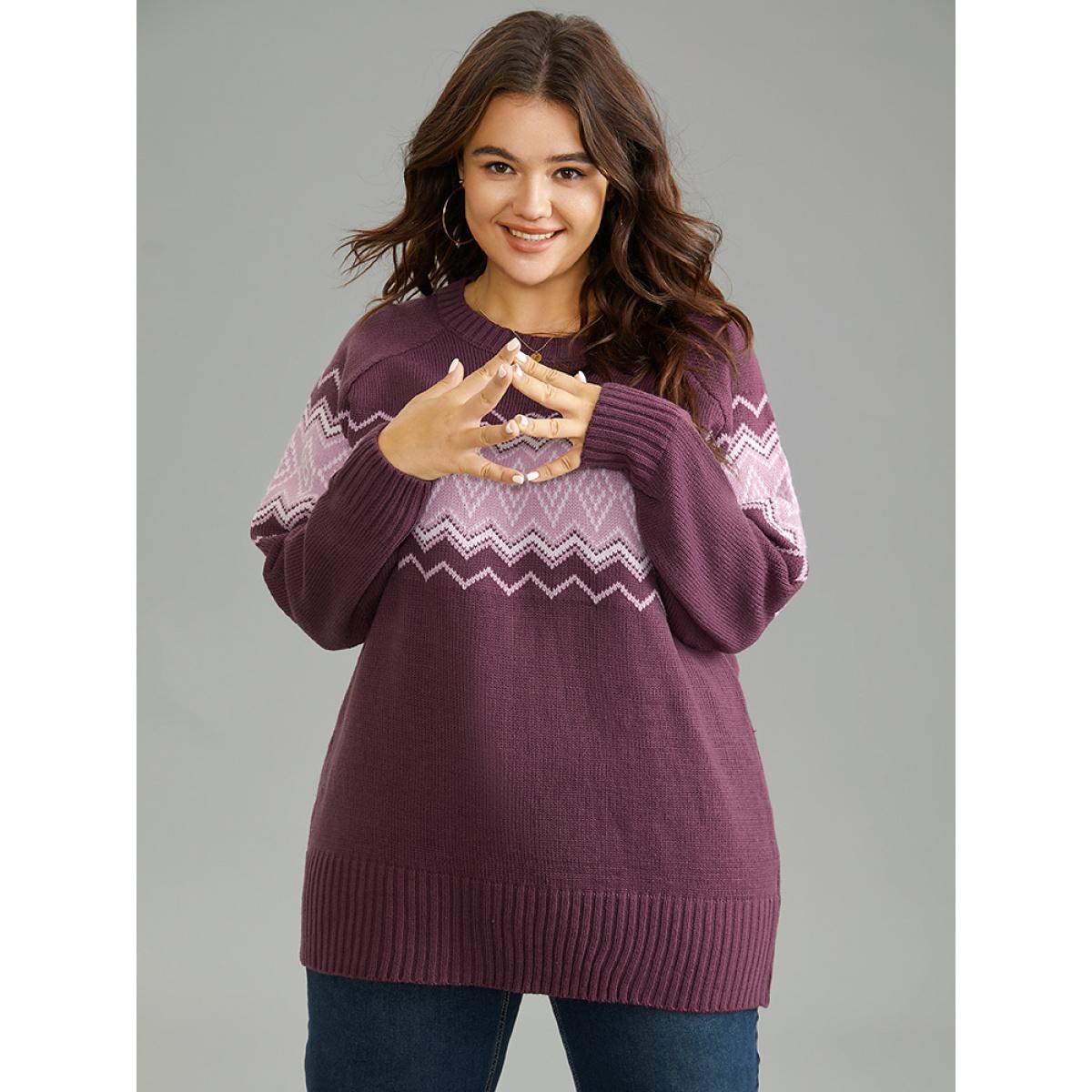 Plus Size Geo Raglan Sleeve Elastic Hem Pullover Mauve Women Casual Loose Long Sleeve Round Neck Everyday Pullovers BloomChic 22-24/3X Product Image