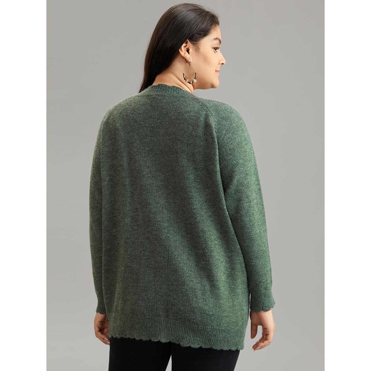 Plus Size Solid Cable Knit Scalloped Trim Cardigan DarkGreen Women Casual Loose Long Sleeve Dailywear Cardigans BloomChic 12/L Product Image
