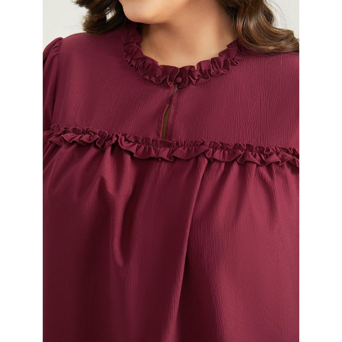Plus Size Maroon Solid Frill Trim Puff Sleeve Blouse Women Office Long Sleeve Round Neck Work Blouses BloomChic 12/L Product Image