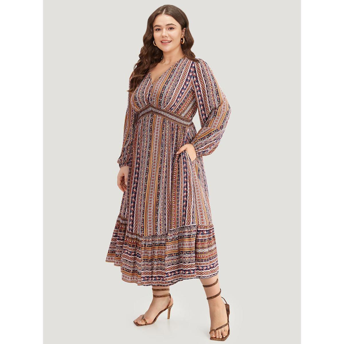 Plus Size Bandana Striped Lantern Sleeve Patchwork Dress DarkBlue Women Vacation Elastic cuffs V-neck Long Sleeve Curvy Midi Dress BloomChic 10/M Product Image