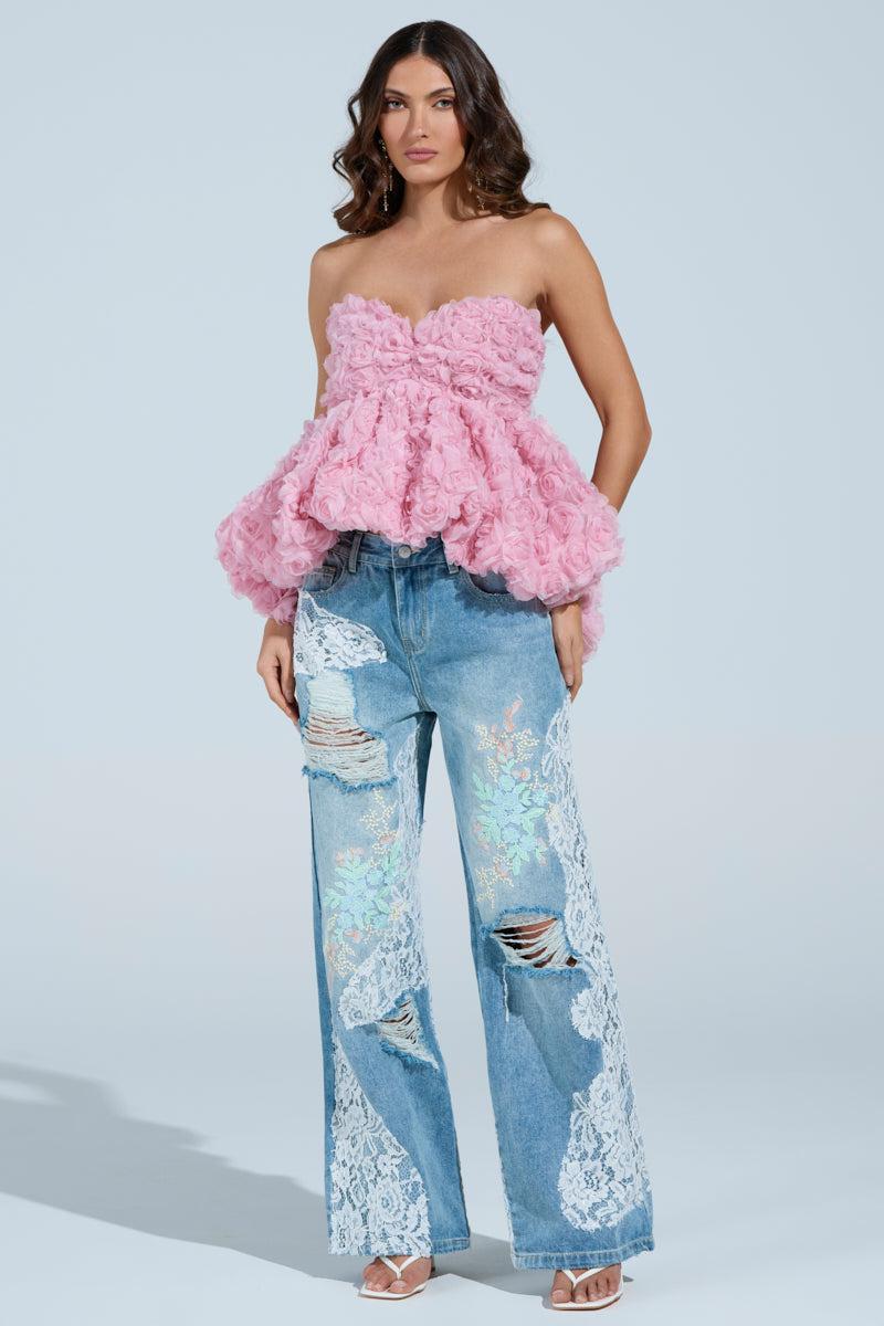 PICKING PEDALS FLORAL AND LACE DETAIL DENIM PANTS Product Image