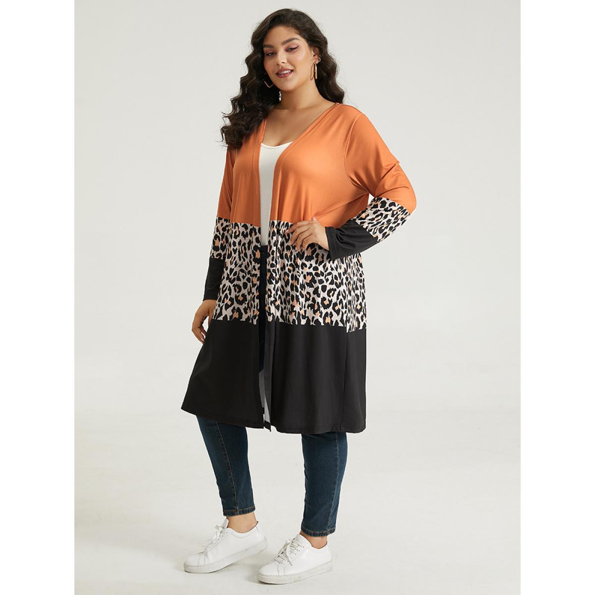 Plus Size Halloween Leopard Print Contrast Open Front Kimono Women Multicolor Casual Contrast Dailywear Kimonos BloomChic 10/M Product Image