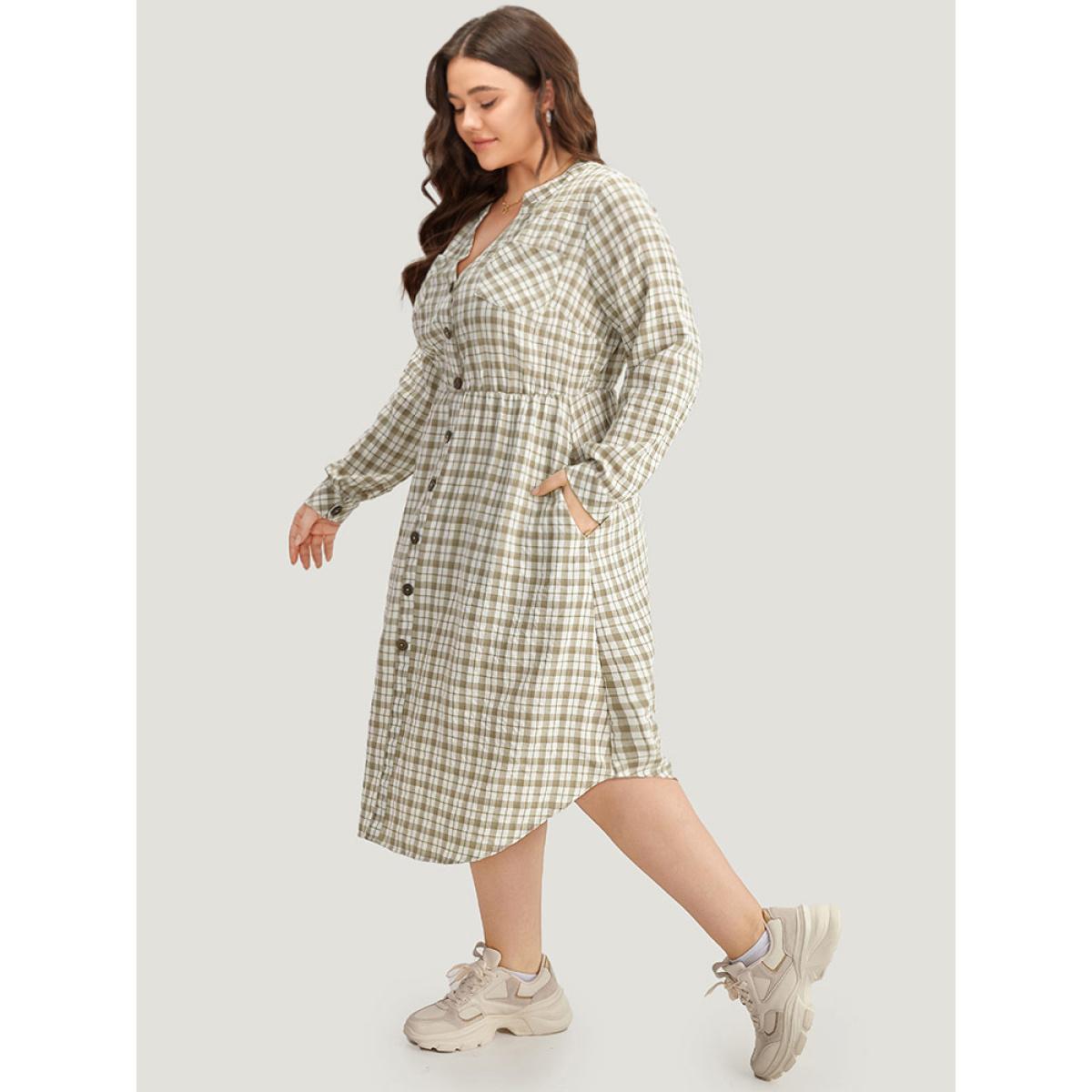 Plus Size Gingham Button Through Arc Hem Dress Sage Women Casual Printed Notched collar Long Sleeve Curvy Midi Dress BloomChic 10/M Product Image