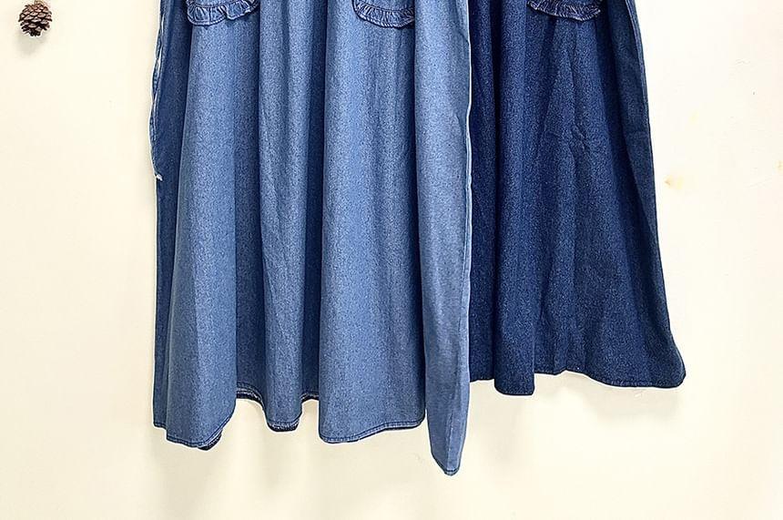 Square Neck Rabbit Embroidered Frill Trim Washed Denim Maxi Jumper Dress Product Image
