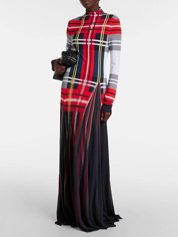Long Sleeves Contrast Color Pleated Mock Neck Maxi Dresses Product Image