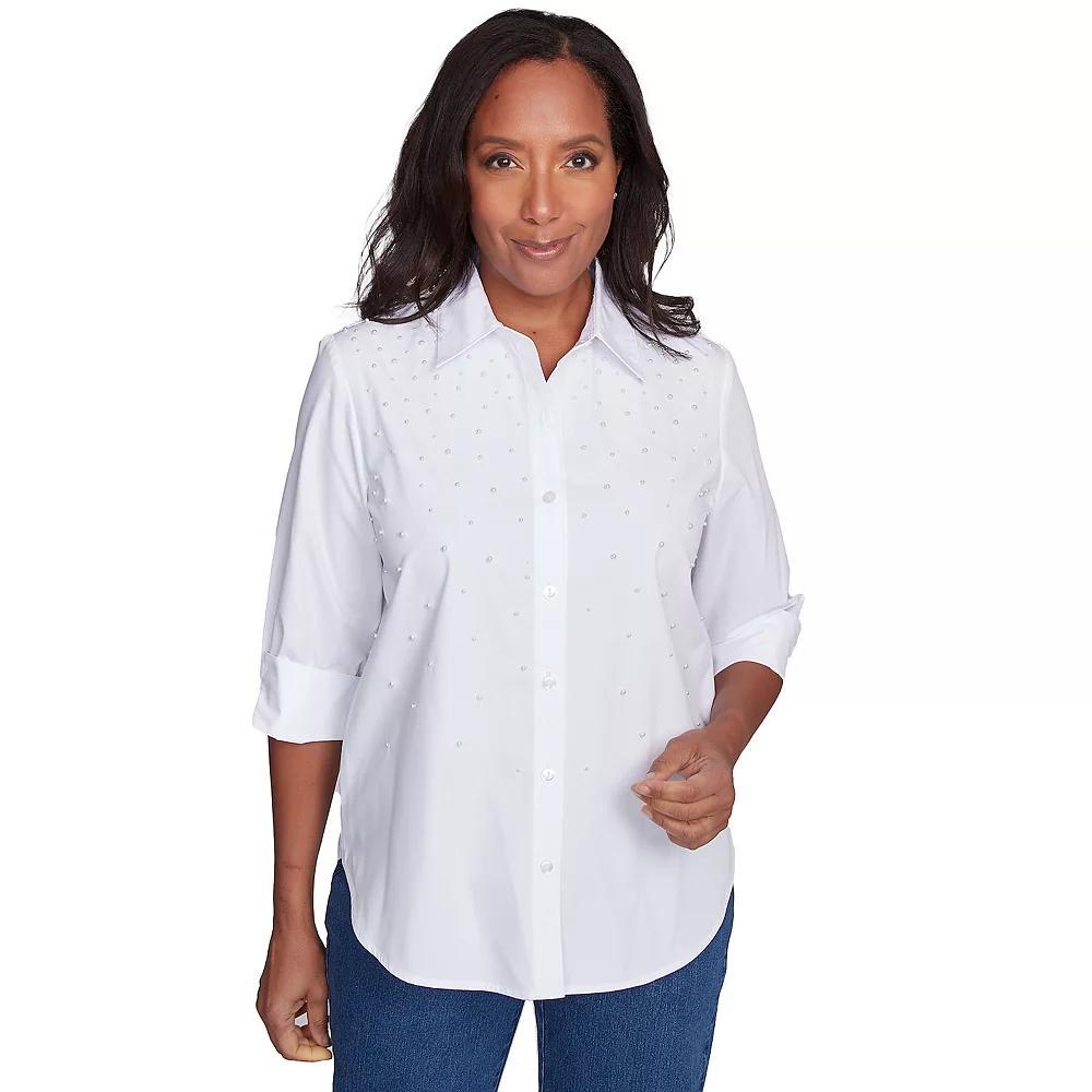 Petite Alfred Dunner Pearl Studded Button Down Top, Women's, Size: XL Petite, White Product Image
