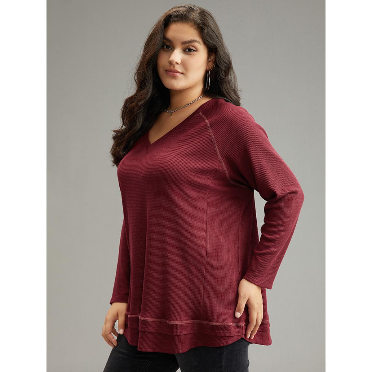 Plus Size Plain Textured Stitch Raglan Sleeve Sweatshirt Women Burgundy Casual Plain V-neck Everyday Sweatshirts BloomChic 14-16/1X Product Image