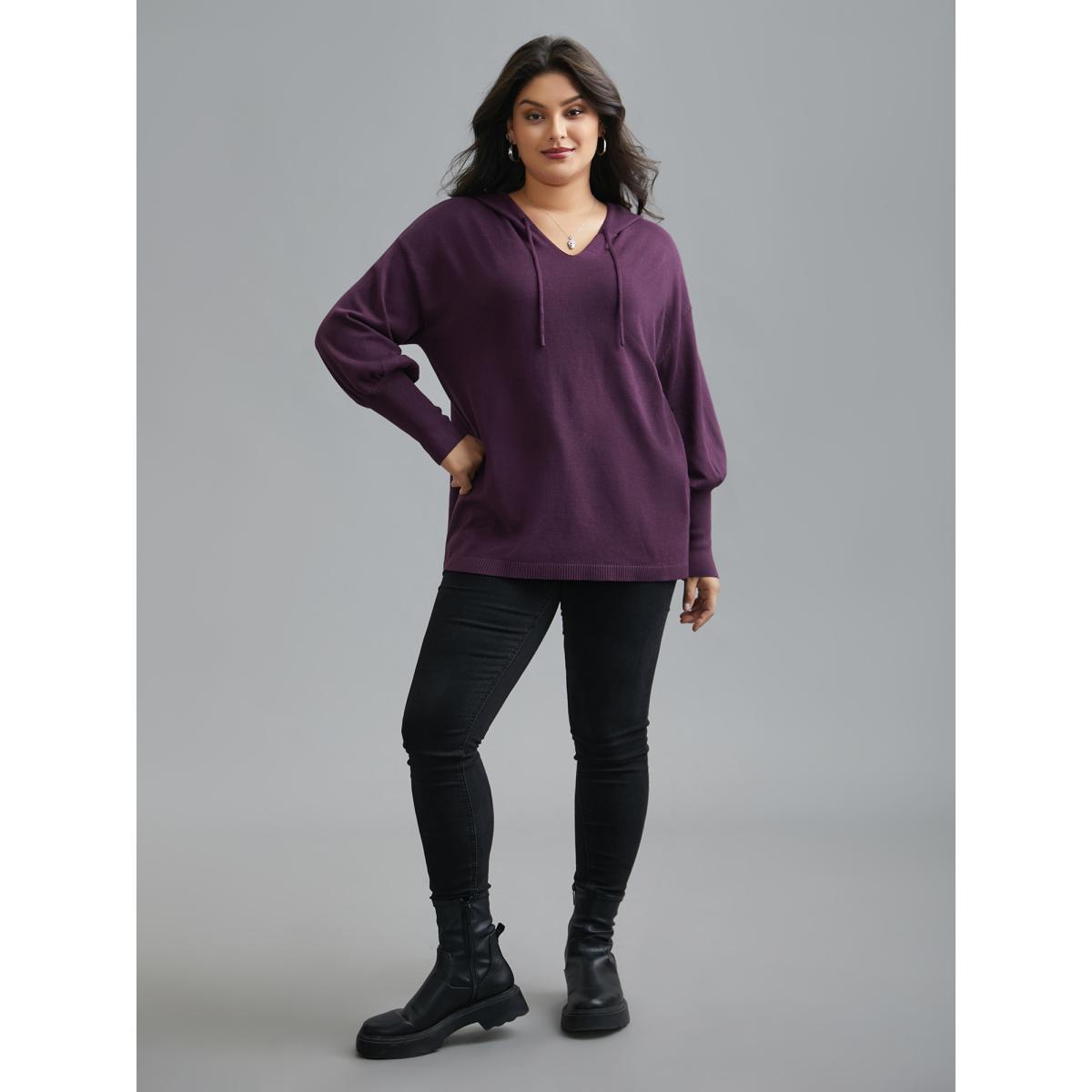 Plus Size Drop Shoulder Slim-Fit Hooded Pullover Eggplant Women Casual Loose Long Sleeve Hooded Everyday Pullovers BloomChic 18-20/2X Product Image
