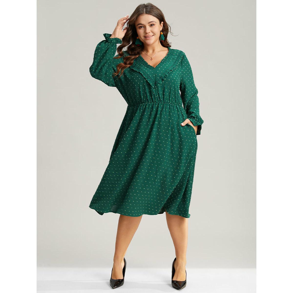 Plus Size Solid Textured V Neck Lantern Sleeve Frill Trim Dress DarkGreen Women Office Texture V-neck Long Sleeve Curvy Midi Dress BloomChic 28/5X Product Image