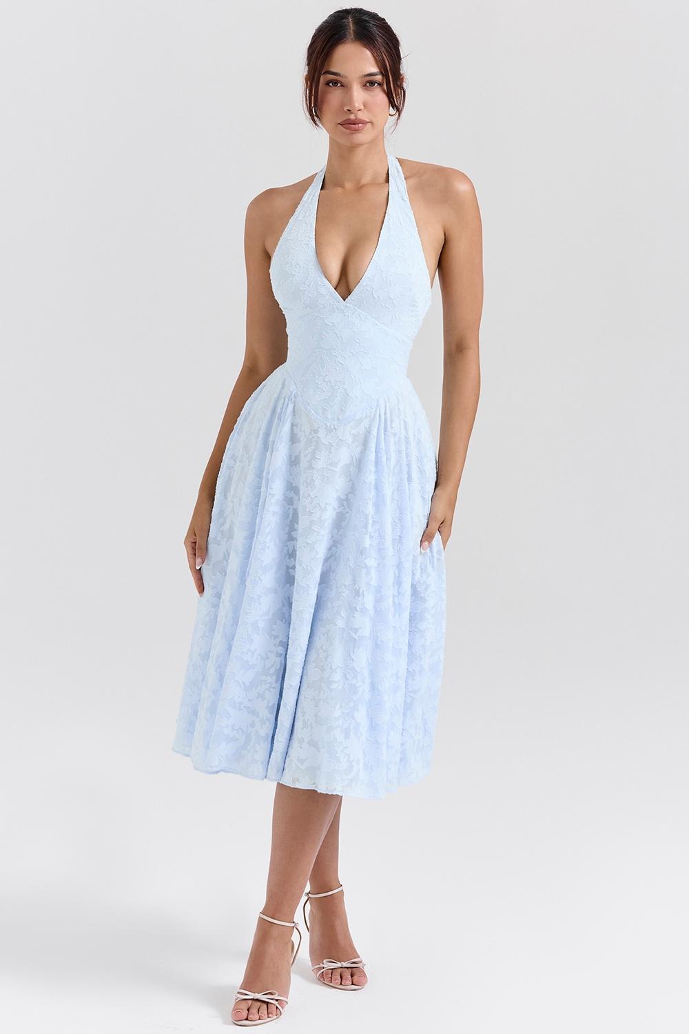 Arietta Bluebell Floral Jacquard Halter Midi Dress Product Image