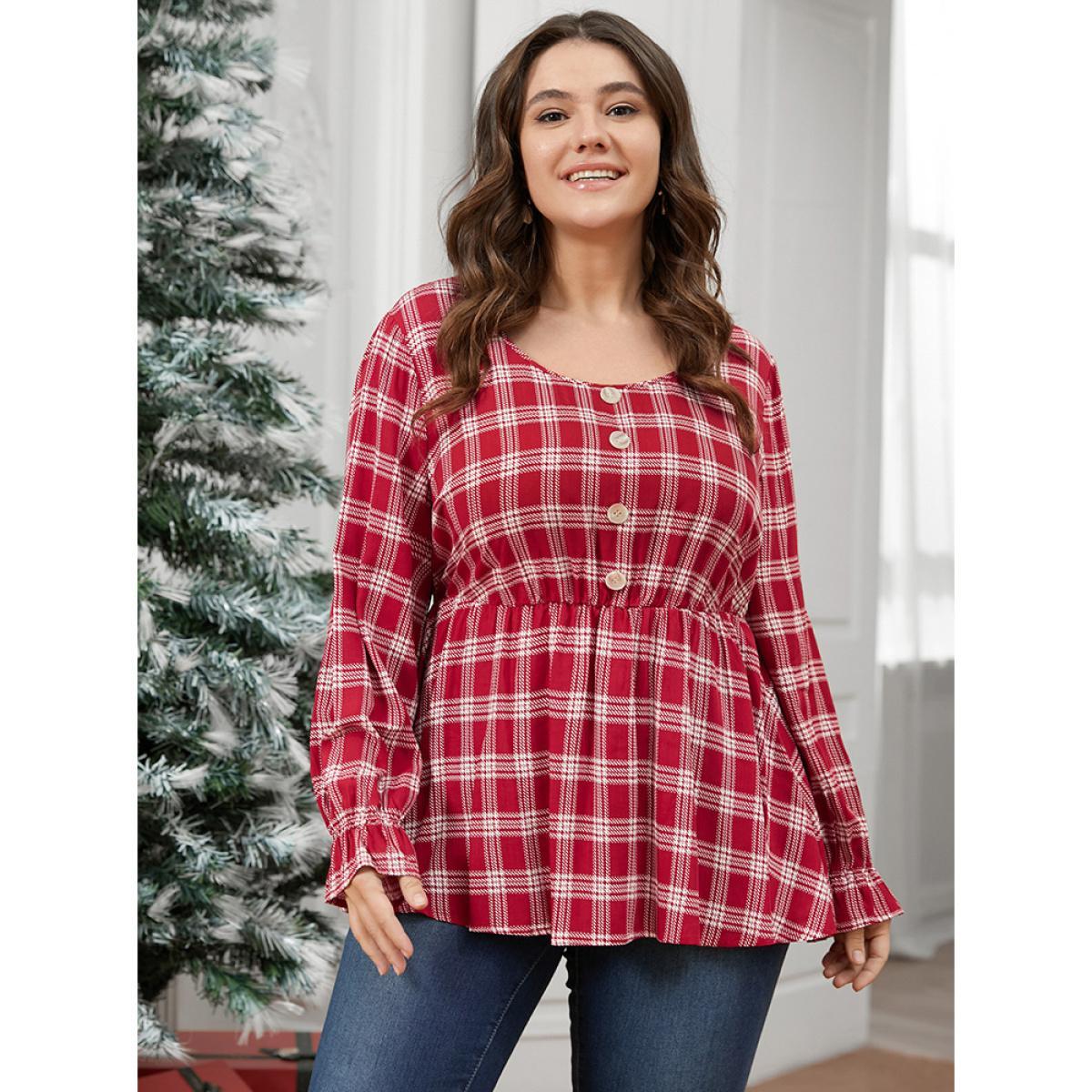 Plus Size Raspberry Tartan Button Detail Lantern Sleeve Blouse Women Elegant Long Sleeve V-neck Dailywear Blouses BloomChic 12/L Product Image