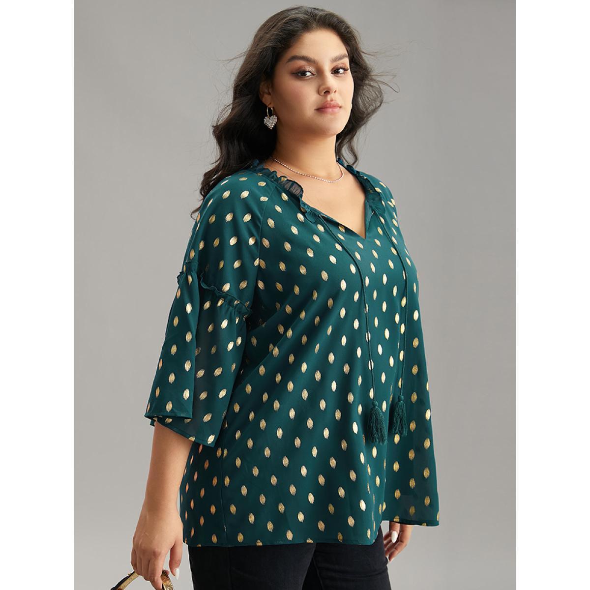 Plus Size Cyan Geo Glitter Tassels Ties Blouse Women Glamour Elbow-length sleeve Tie Neck Going out Blouses BloomChic 12/L Product Image
