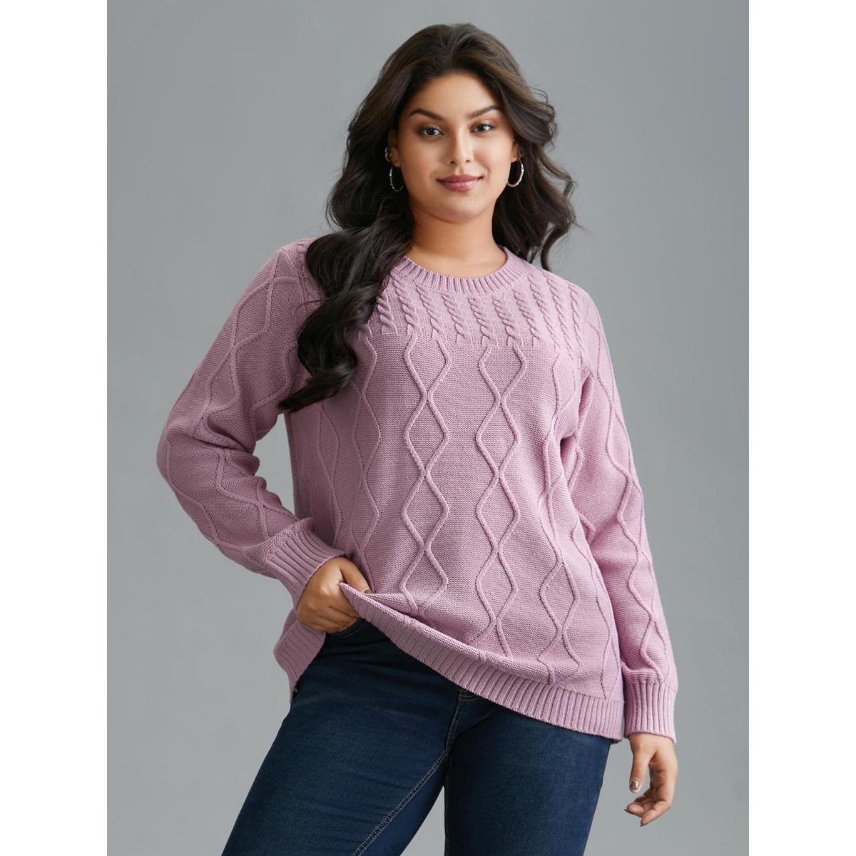 Plus Size Crew Neck Cable Knit Textured Pullover Lilac Women Casual Loose Long Sleeve Round Neck Everyday Pullovers BloomChic 12/L Product Image
