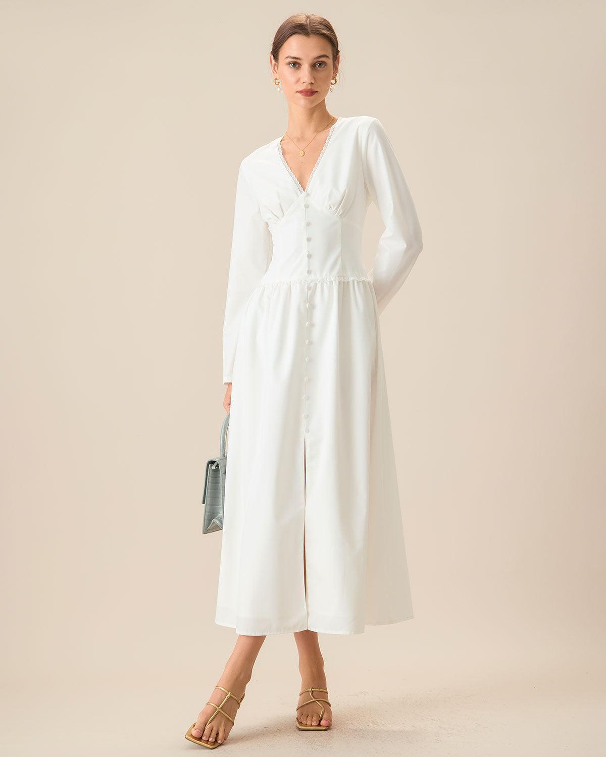 White Ruched Button Maxi Dress Product Image