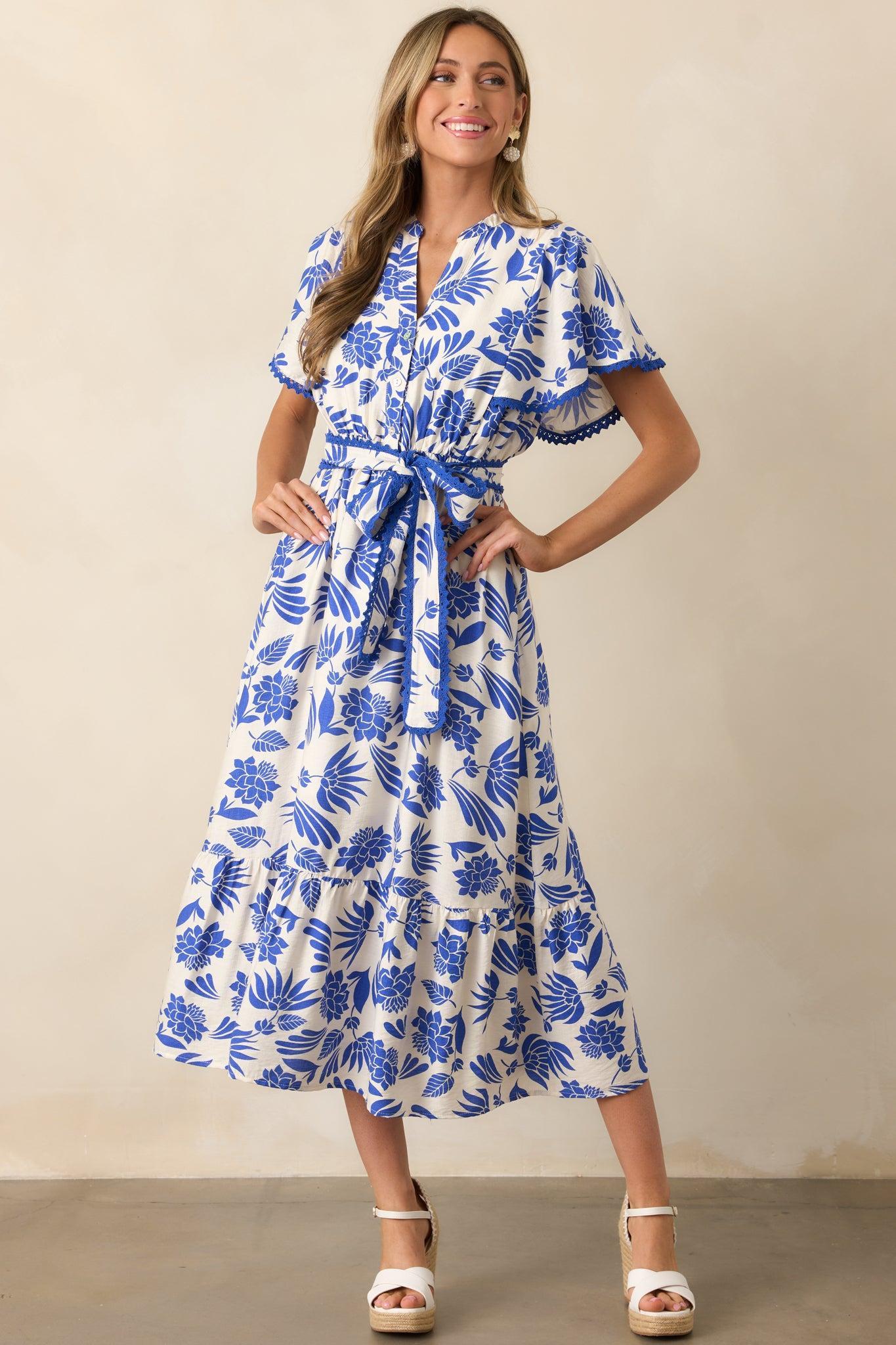 Cruising By Blue Floral Short Sleeve Midi Dress Product Image
