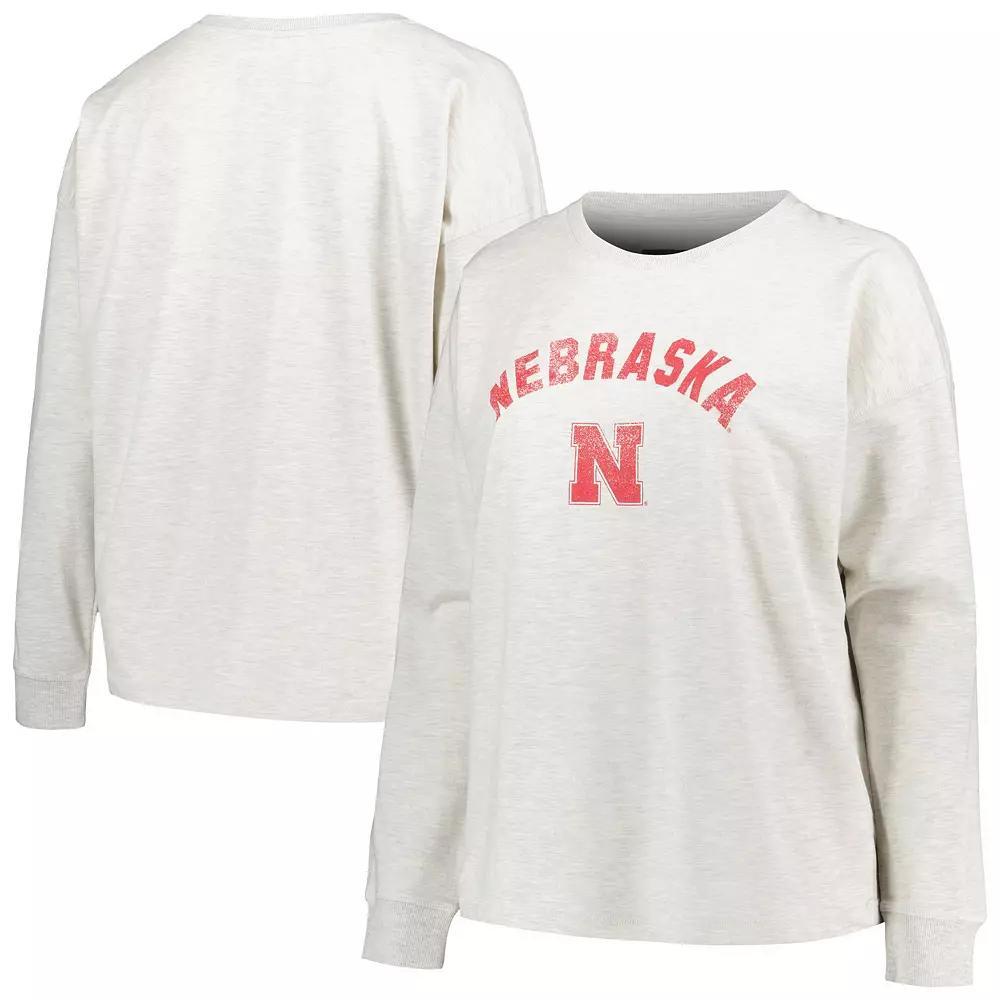 Women's Profile Oatmeal Nebraska Huskers Plus Size Distressed Arch Over Logo Neutral Boxy Pullover Sweatshirt, Size: 3XL, Team Product Image