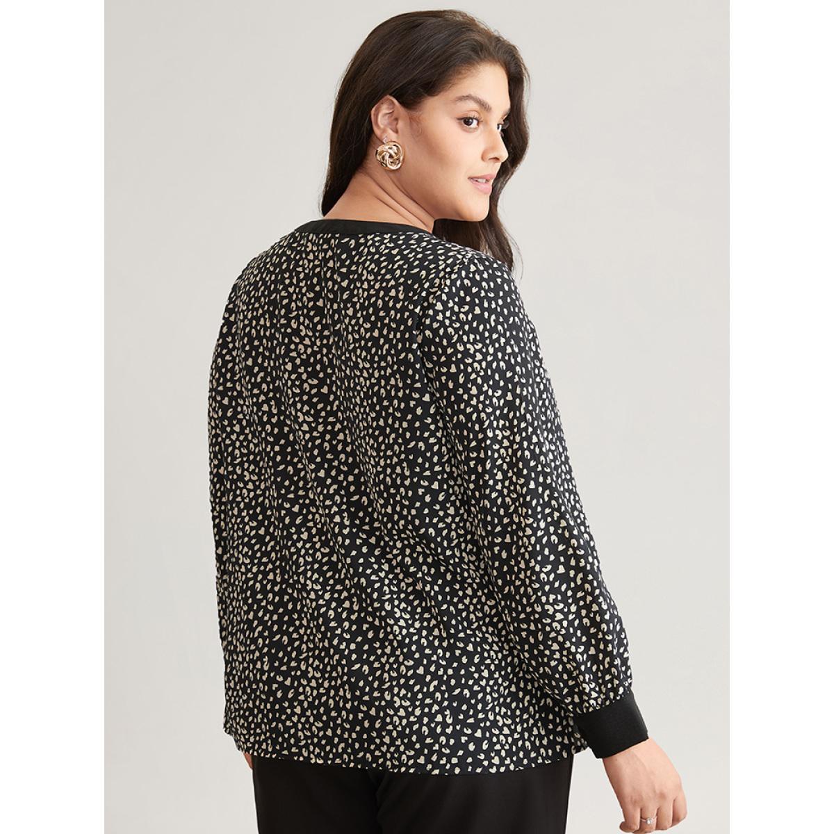 Plus Size Black Leopard Print Button Through Notched Blouse Women Office Long Sleeve V-neck Work Blouses BloomChic 22-24/3X Product Image