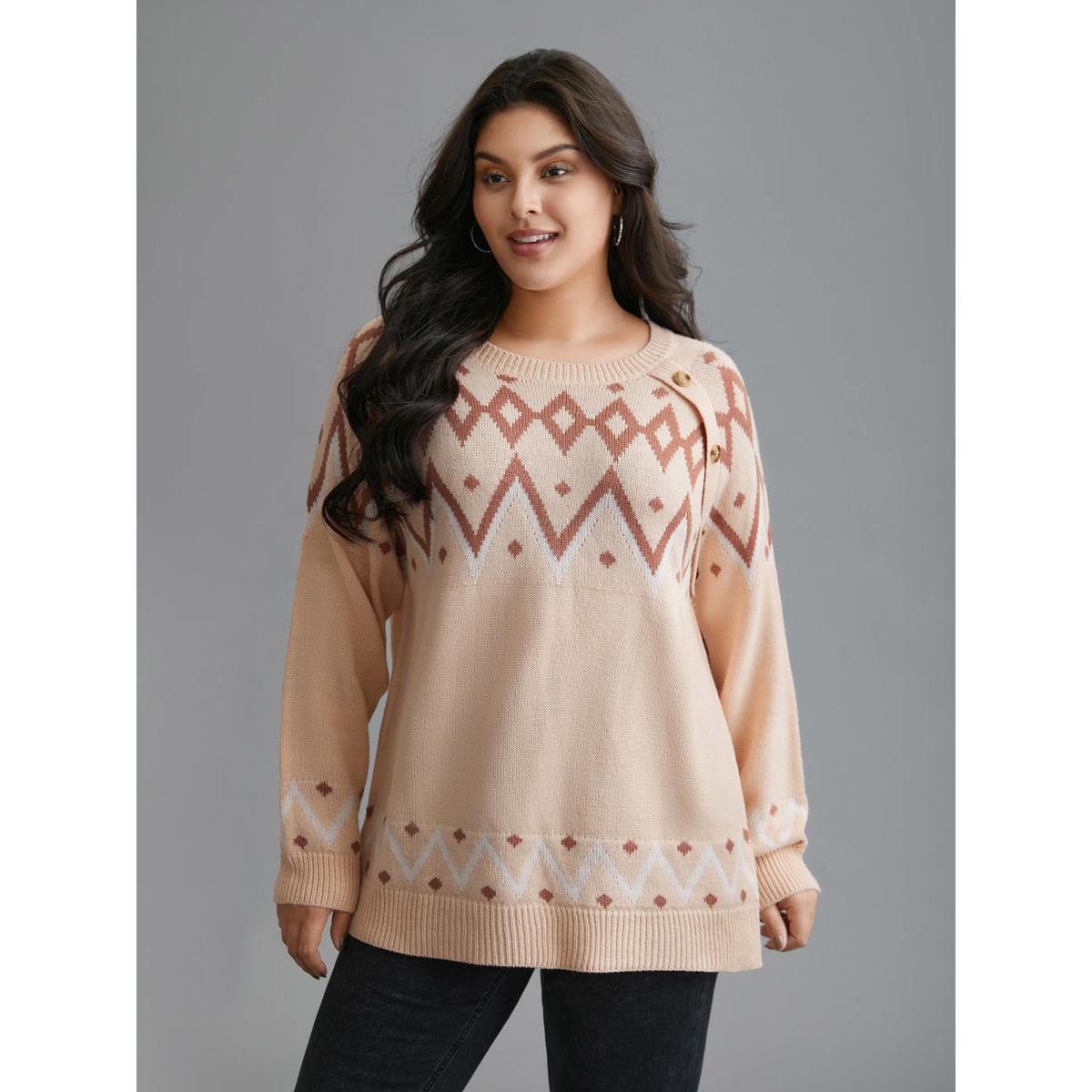 Plus Size Jacquard Print Button Round Neck Pullover Apricot Women Casual Loose Long Sleeve Round Neck Everyday Pullovers BloomChic 12/L Product Image