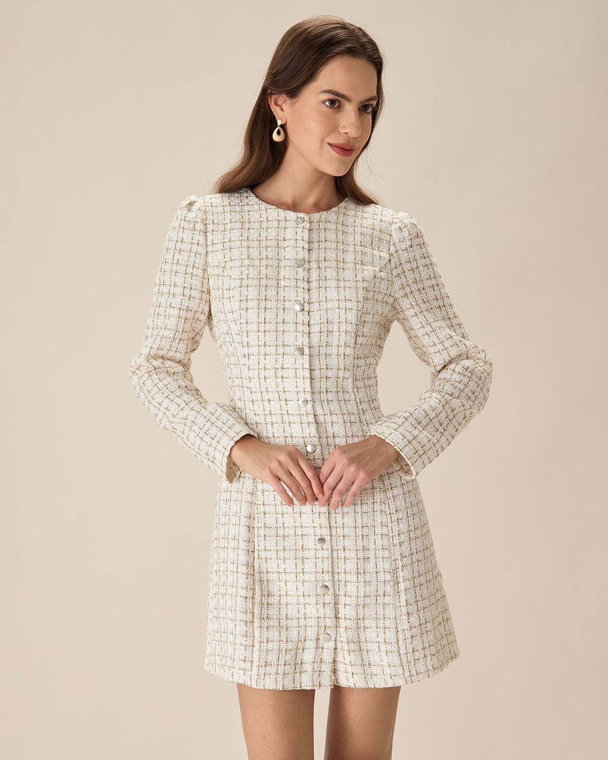 White Square Neck Tweed Mini Dress Product Image