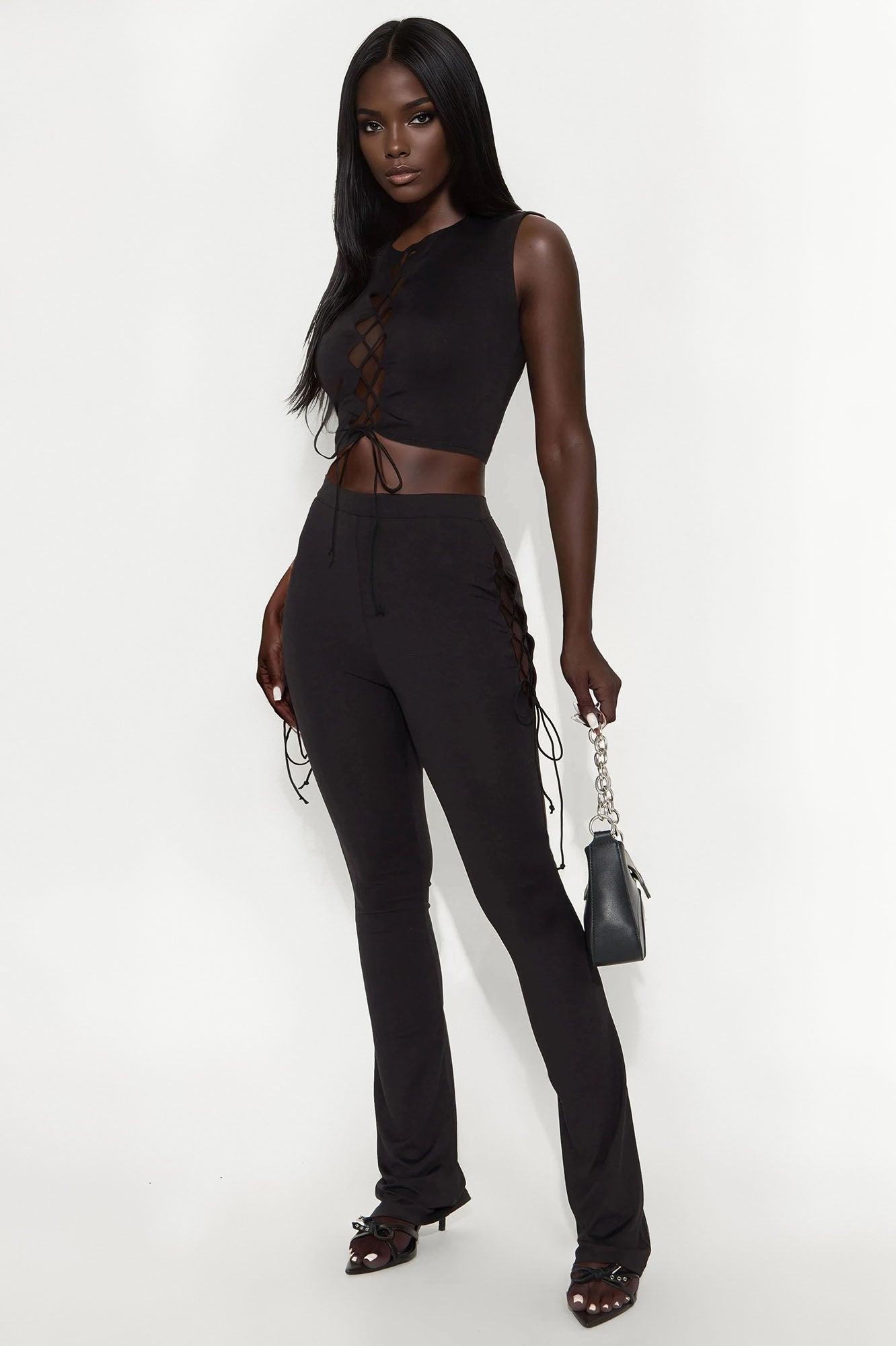 Emani Sleeveless Lace Up Flare Leg Pant Set - Black Product Image