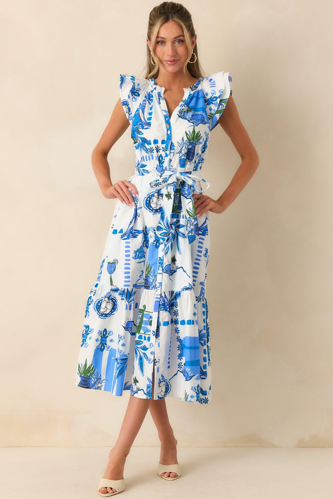You're Glowing Blue Tropical Print Cotton Button Front Maxi Dress Product Image