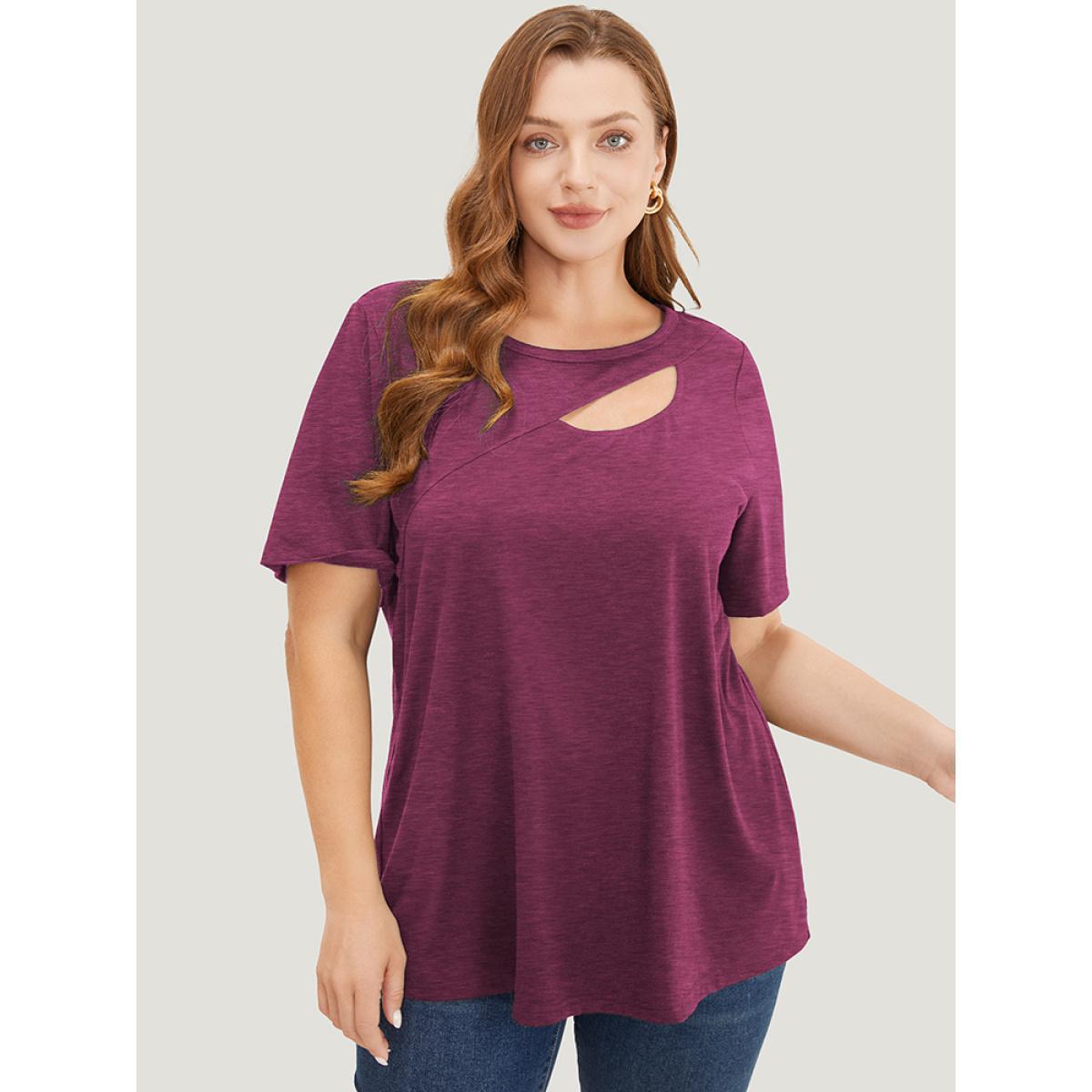 Plus Size Solid Cut Out Crew Neck T-shirt RedViolet Women Elegant Cut-Out Plain Round Neck Dailywear T-shirts BloomChic 12/L Product Image