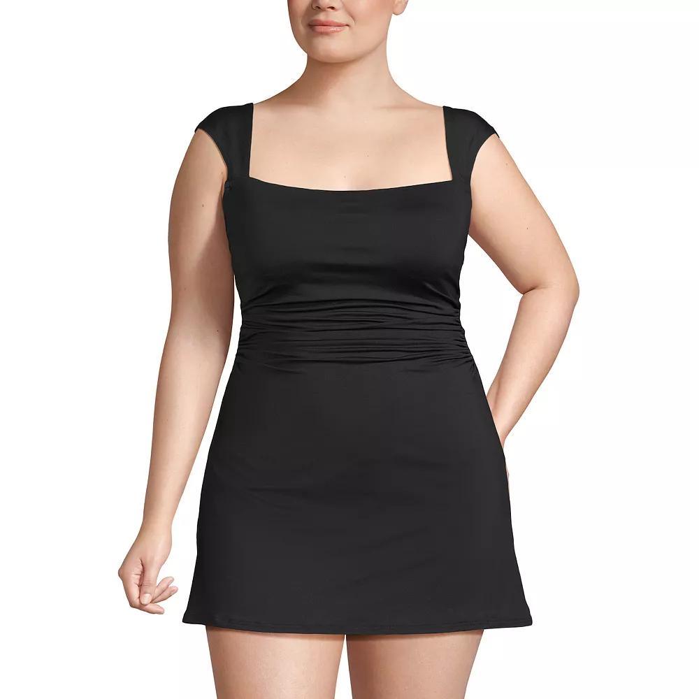 Plus Size Lands' End Smoothing Square Neck Ruched Swim Dress Swimsuit, Women's, Size: 20 W, Black Product Image