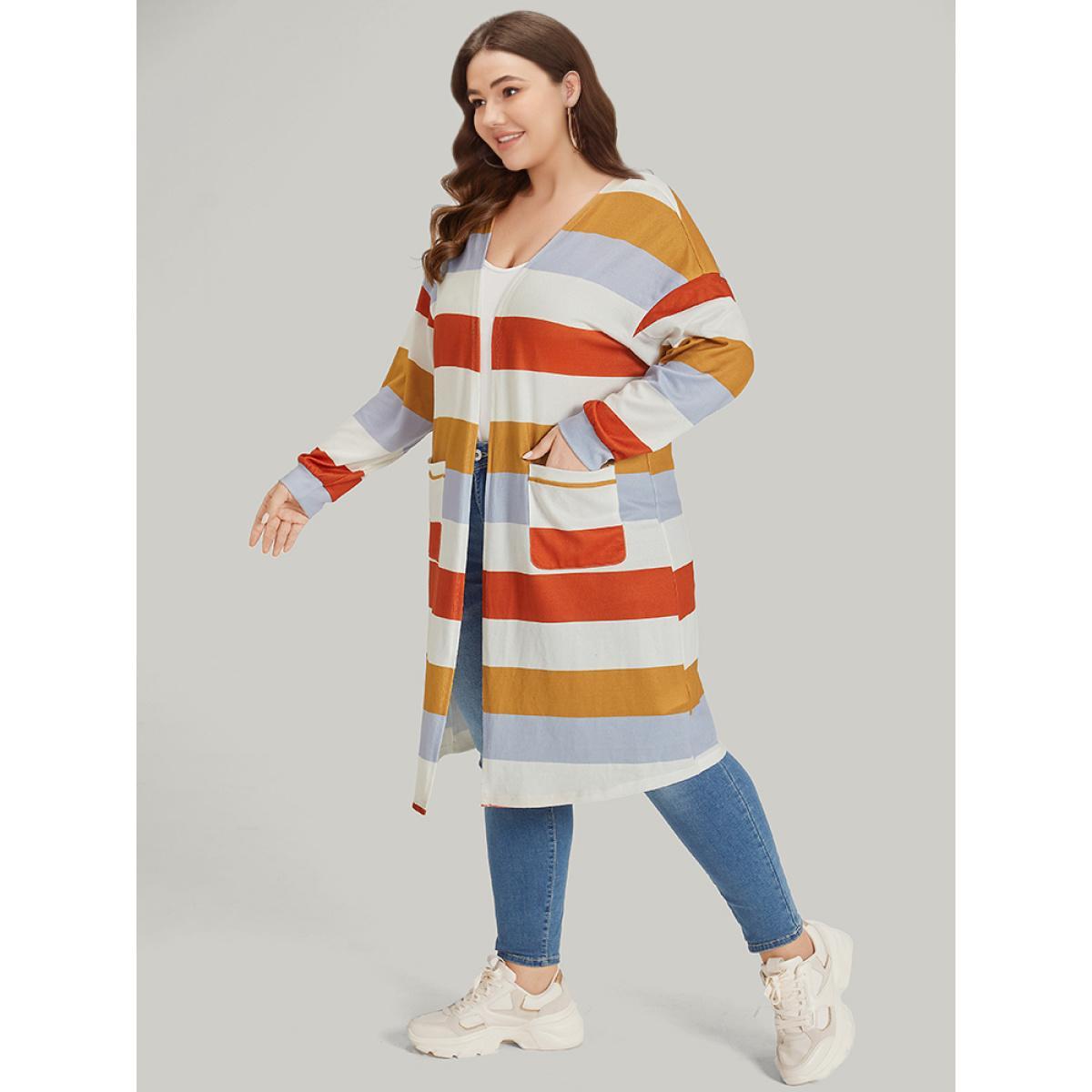 Plus Size Striped Contrast Patched Pocket Open Front Kimono Women Multicolor Casual Elastic cuffs Pocket Dailywear Kimonos BloomChic 18-20/2X Product Image