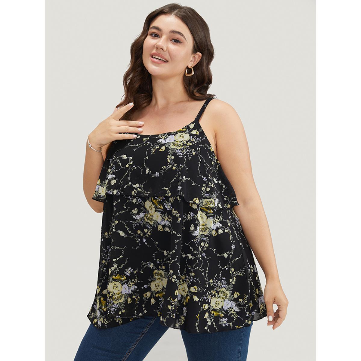 Plus Size Floral Print Adjustable Straps Tiered Hem Cami Top Women BlackFlower Elegant Adjustable Straps Spaghetti Strap Dailywear Tank Tops Camis BloomChic 18-20/2X Product Image