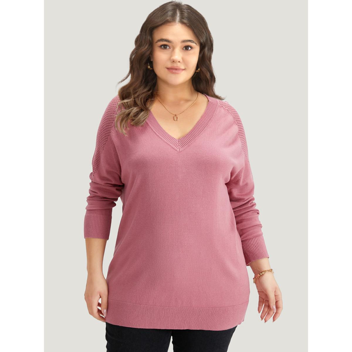 Plus Size Supersoft Essentials Solid Cut Out Patchwork Pullover DustyPink Women Casual Loose Long Sleeve V-neck Dailywear Pullovers BloomChic 10/M Product Image