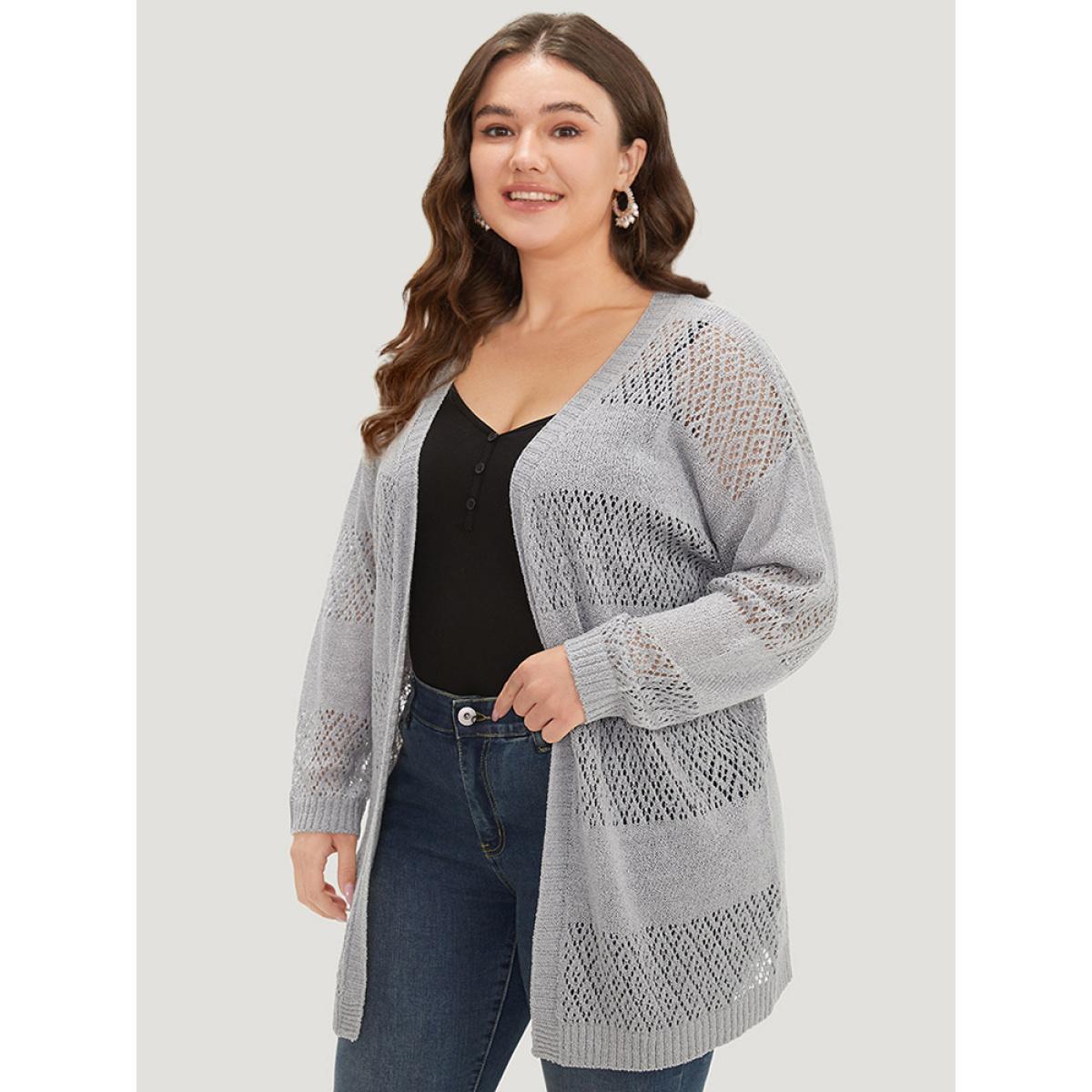 Plus Size Plain Geometric Eyelet Open Front Cardigan DarkGray Women Basics Loose Long Sleeve Everyday Cardigans BloomChic 26/4X Product Image