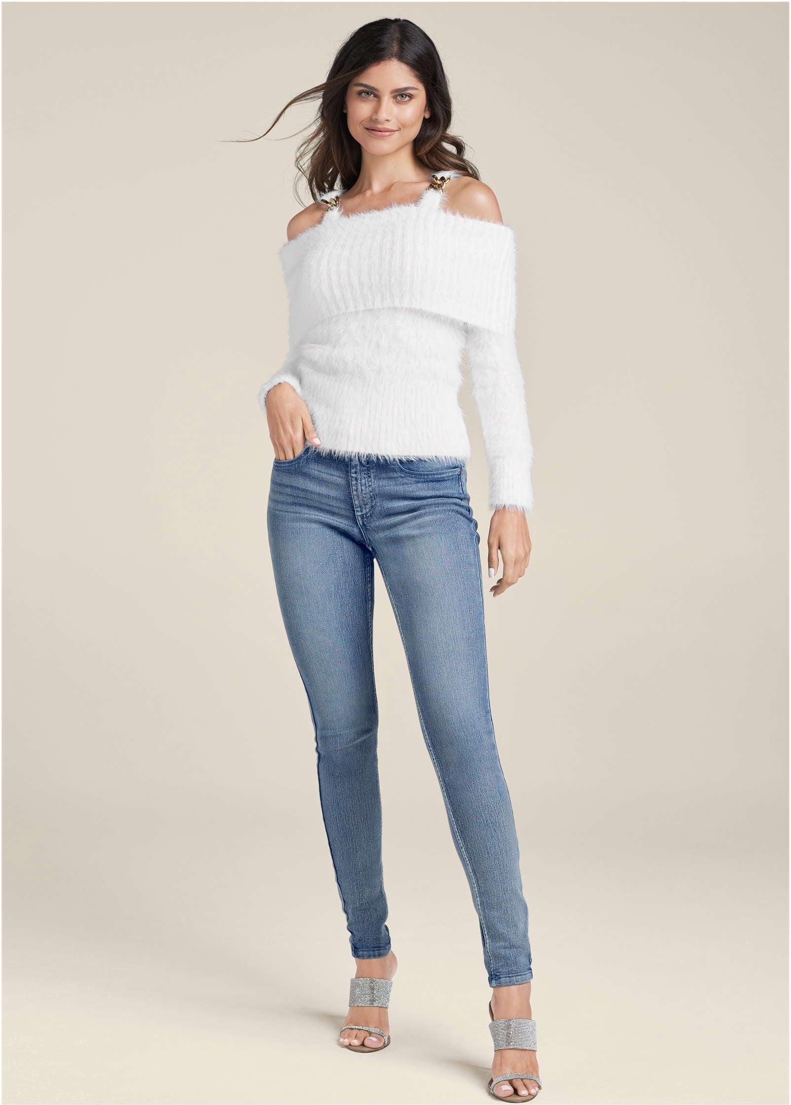 Chain Detail Cold-Shoulder Sweater - Off White Product Image