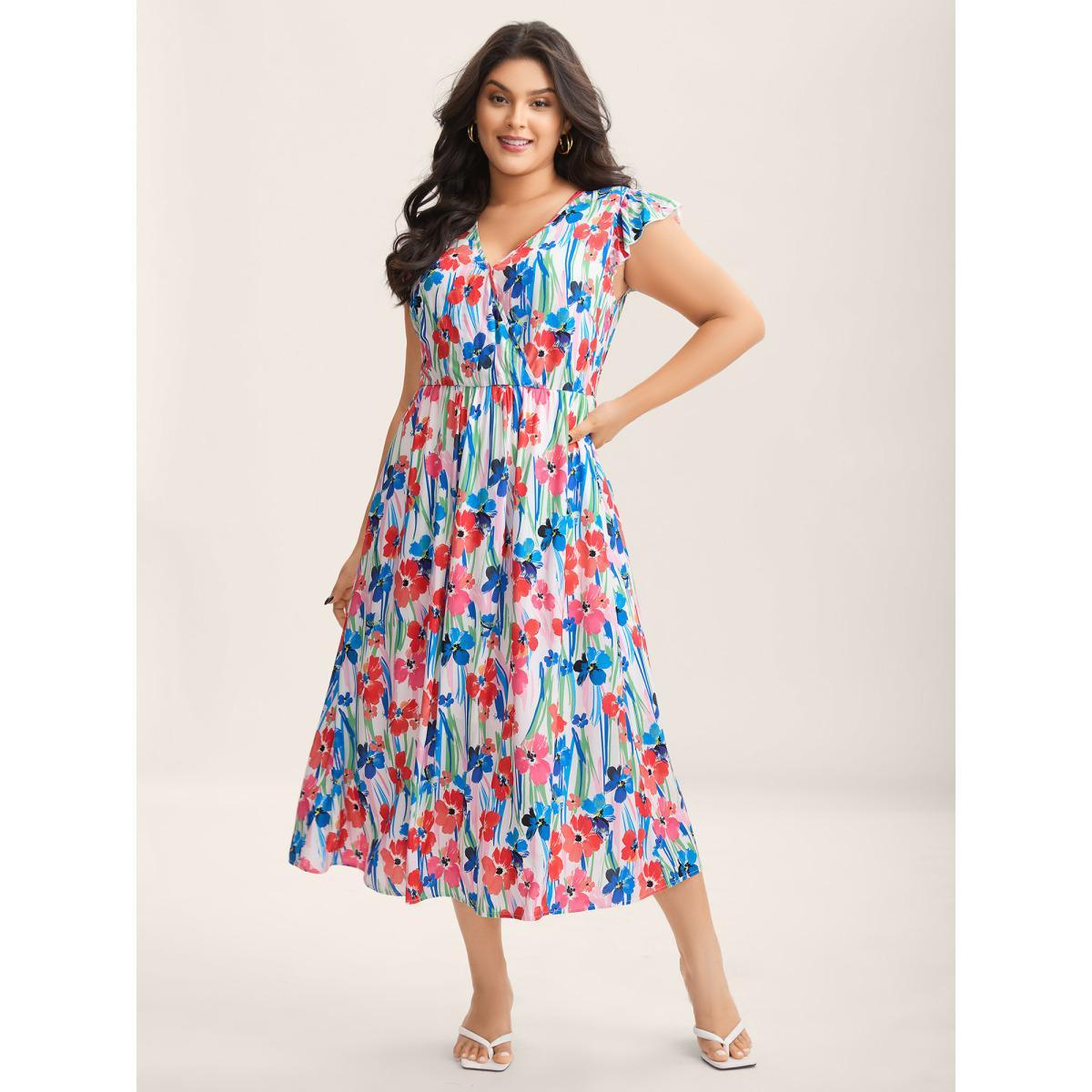 Plus Size Rayon Floral Print Surplice Pockets Midi Dress Multicolor Women Overlap Collar Cap Sleeve Curvy BloomChic 22-24/3X Product Image