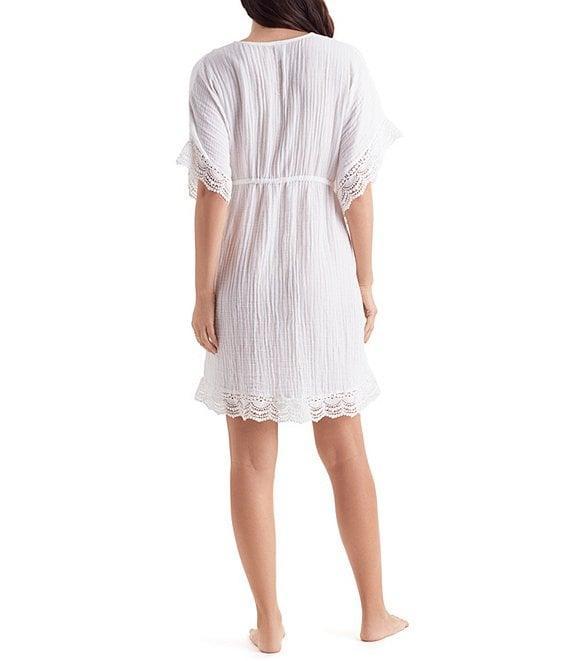 Mimi Flamingo Bliss Gauze Horizon Solid V-Neck Short Sleeve Lace Trim Tunic Swim Cover-Up Product Image