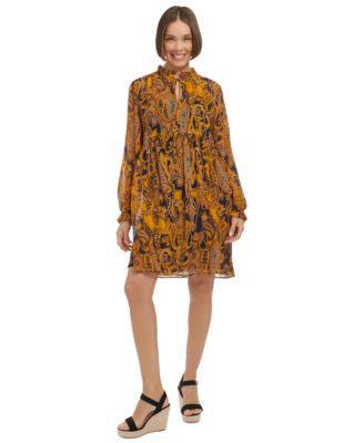 Tommy Hilfiger Womens Printed Tie-Neck Long-Sleeve Chiffon Dress Product Image