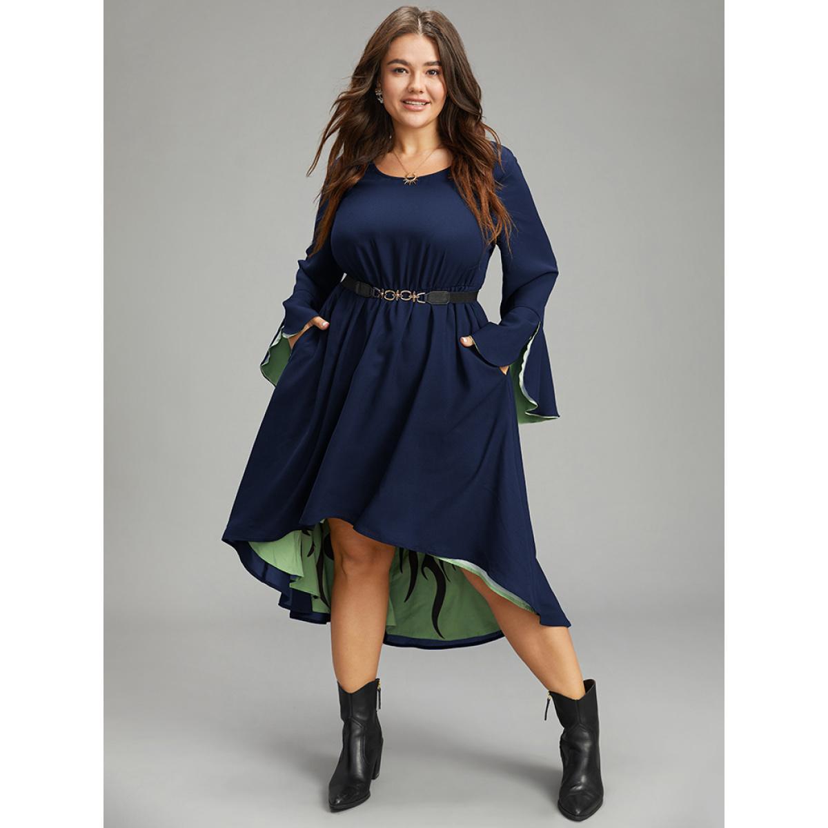 Plus Size Halloween Contrast Split Bell Sleeve High Low Hem Dress Black Women Glamour Lined Round Neck Long Sleeve Curvy Midi Dress BloomChic 12/L Product Image
