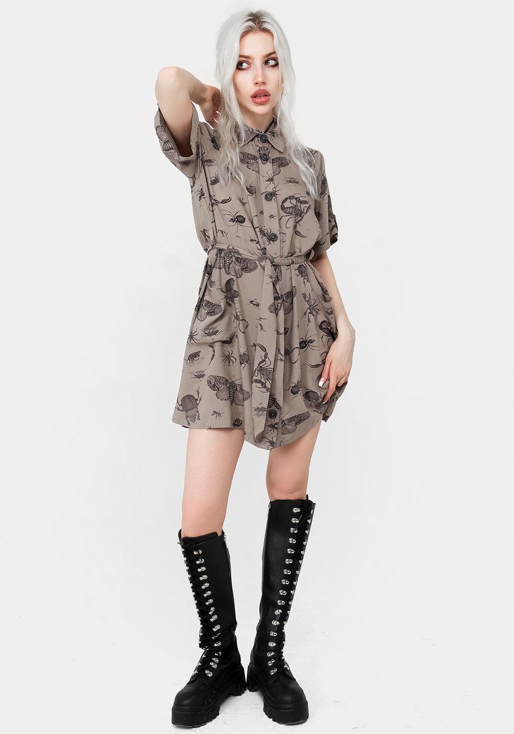 Parasite Bugs Print Mini Short Sleeve Shirt Dress - Taupe Product Image
