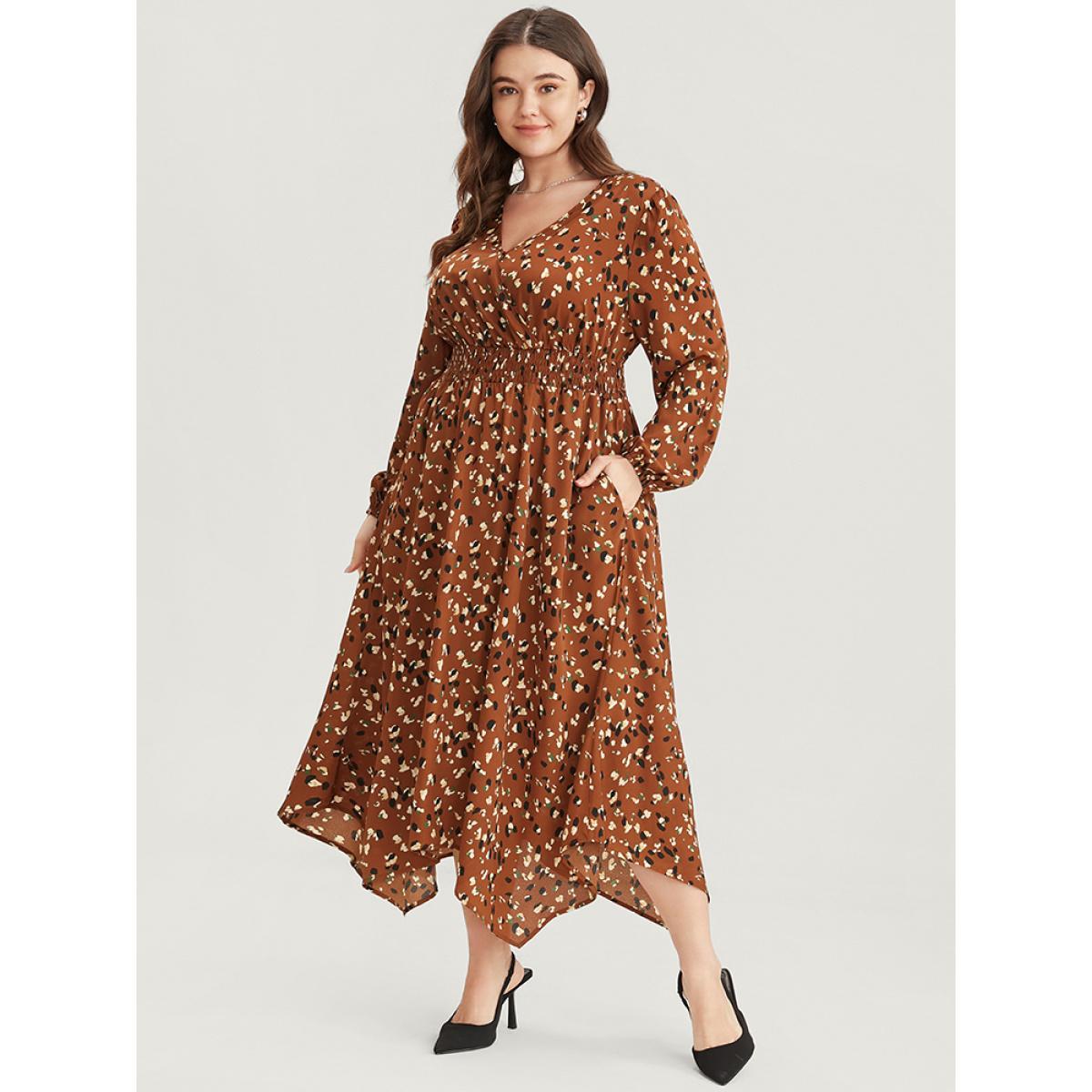 Plus Size Allover Print Shirred Pocket Surplice Neck Hanky Hem Dress Chocolate Women Elegant Asymmetrical V-neck Long Sleeve Curvy Midi Dress BloomChic 26/4X Product Image
