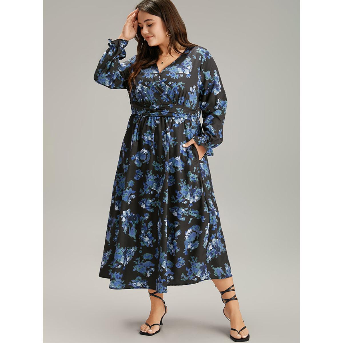 Plus Size Silhouette Floral Print Wrap Pocket Dress Black Women Elegant Gathered V-neck Long Sleeve Curvy Midi Dress BloomChic 28/5X Product Image