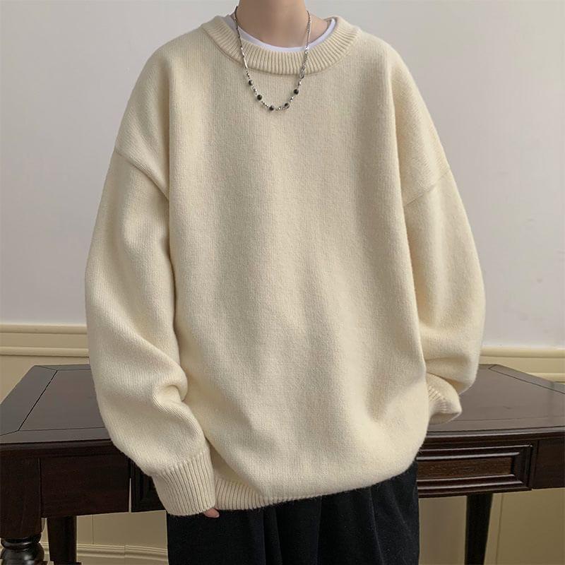 Crew Neck Plain Oversized Sweater Product Image