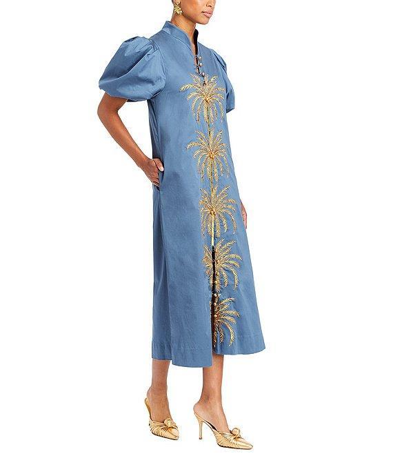 Mestiza New York Elliana Poplin Palm Leaf Embroidery Mandarin Collar Short Puff Sleeve Midi Dress Product Image