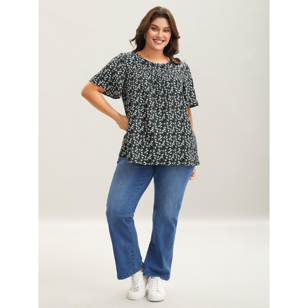 Plus Size Black Floral Ruffle Sleeve Gathered Round Neck Blouse Women Casual Short sleeve Round Neck Everyday Blouses BloomChic 18-20/2X Product Image