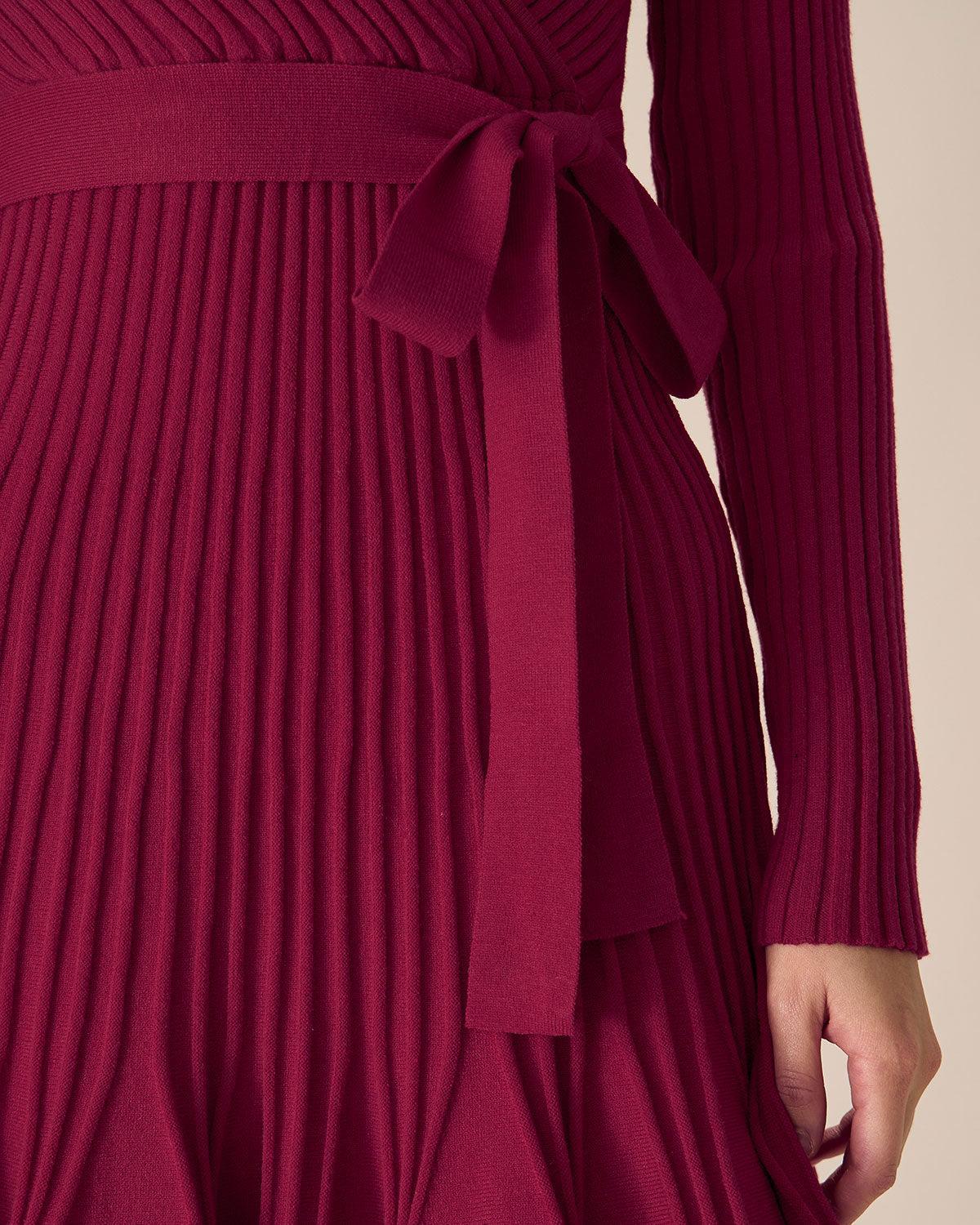 Wine Red Wrap Sweater Mini Dress Product Image
