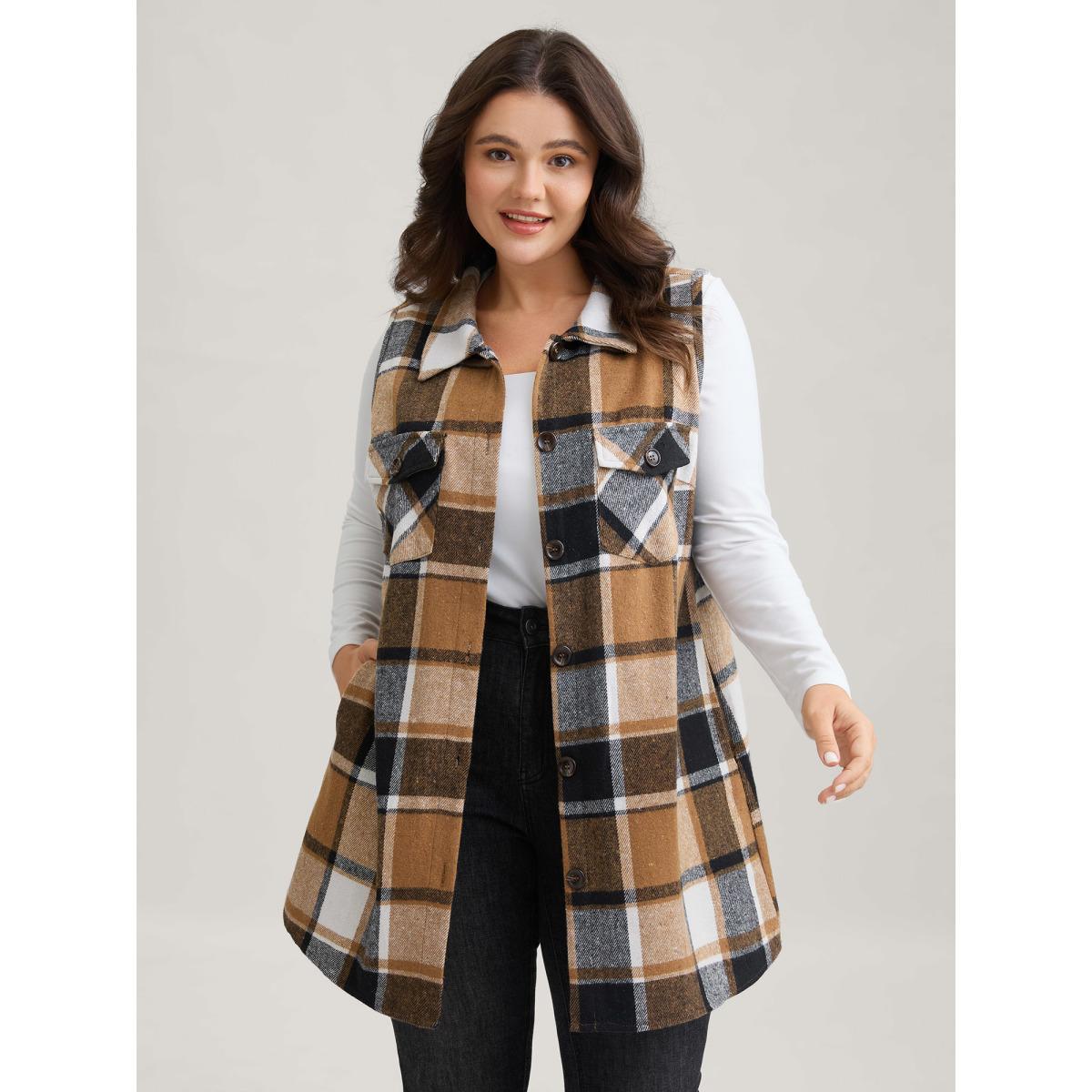 Plus Size Plaid Flap Detail Sleeveless Jacket Women Yellowishbrown Button Side seam pocket Everyday Jackets BloomChic 10/M Product Image