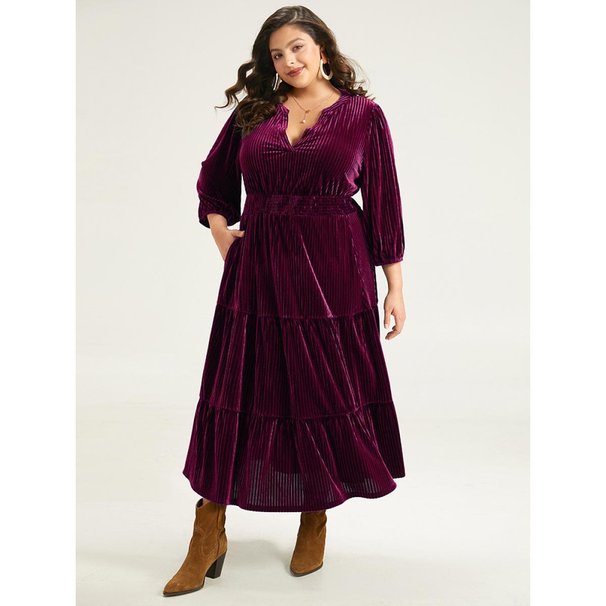 Plus Size Velvet Shirred Pocket Notched Dress Black Women Elegant Elastic cuffs Notched collar Elbow-length sleeve Curvy Midi Dress BloomChic 18-20/2X Product Image