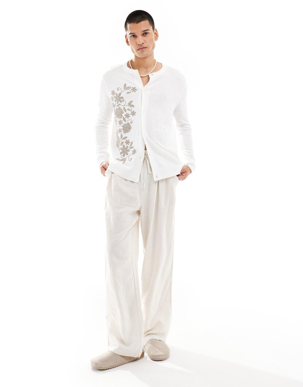ASOS DESIGN knit crew neck cardigan in ecru with brown floral embroidery Product Image