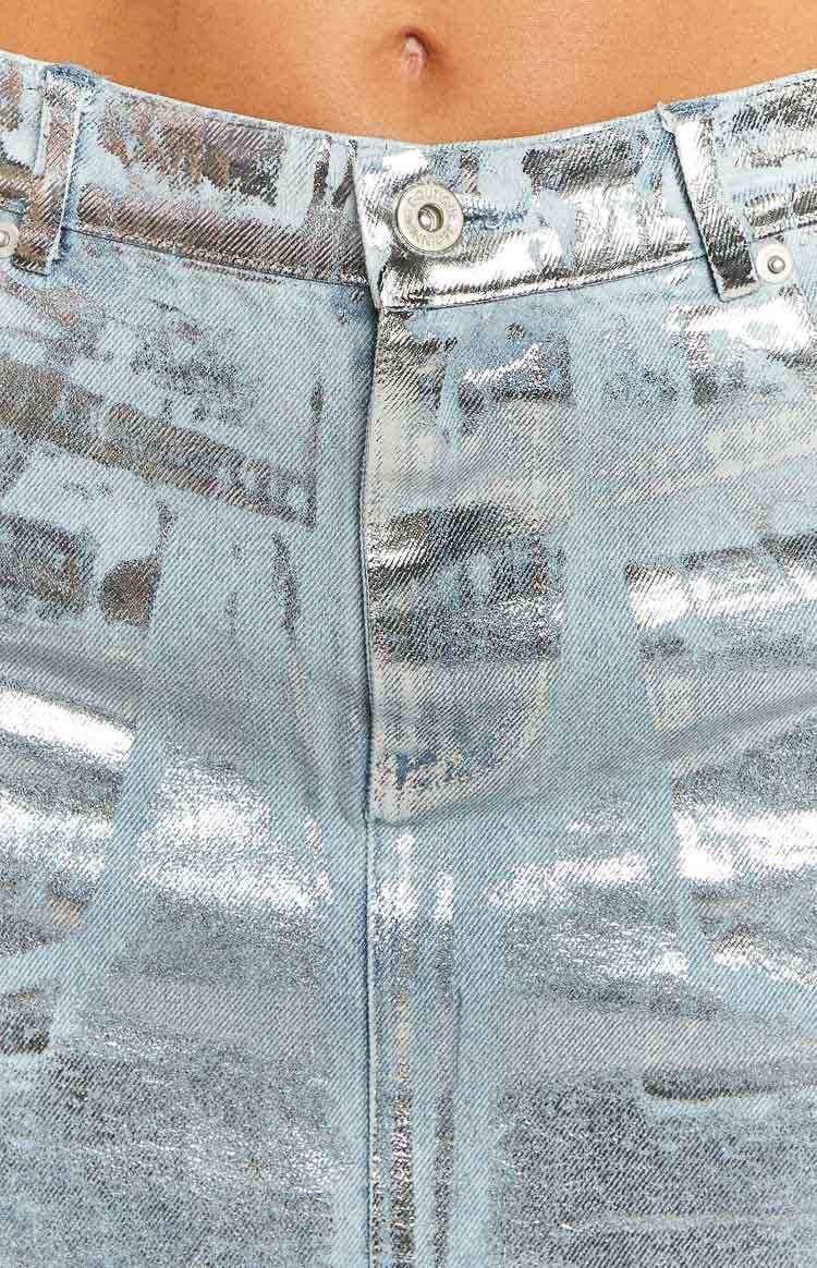 Groove Metallic Silver Denim Mini Skirt Product Image