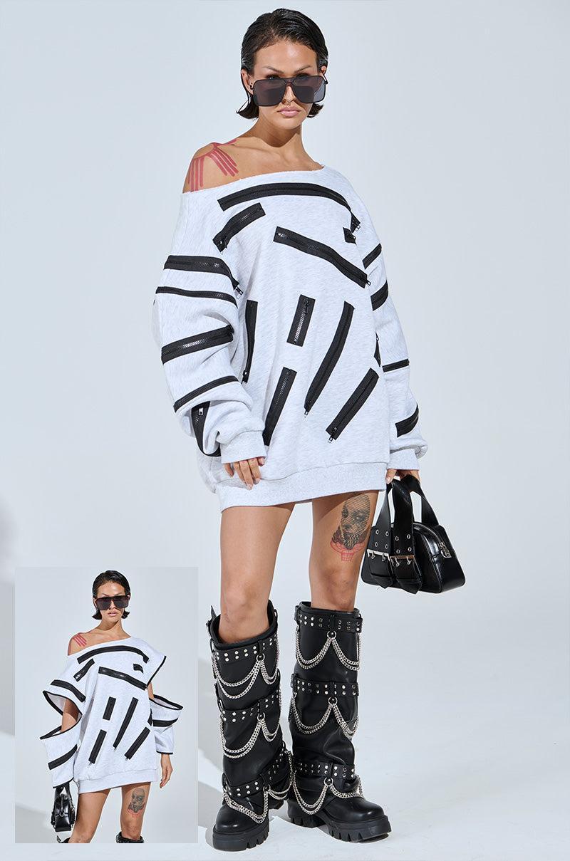 ZIP ZAP OFF THE SHOULDER SWEATSHIRT DRESS-GREY MULTI Product Image
